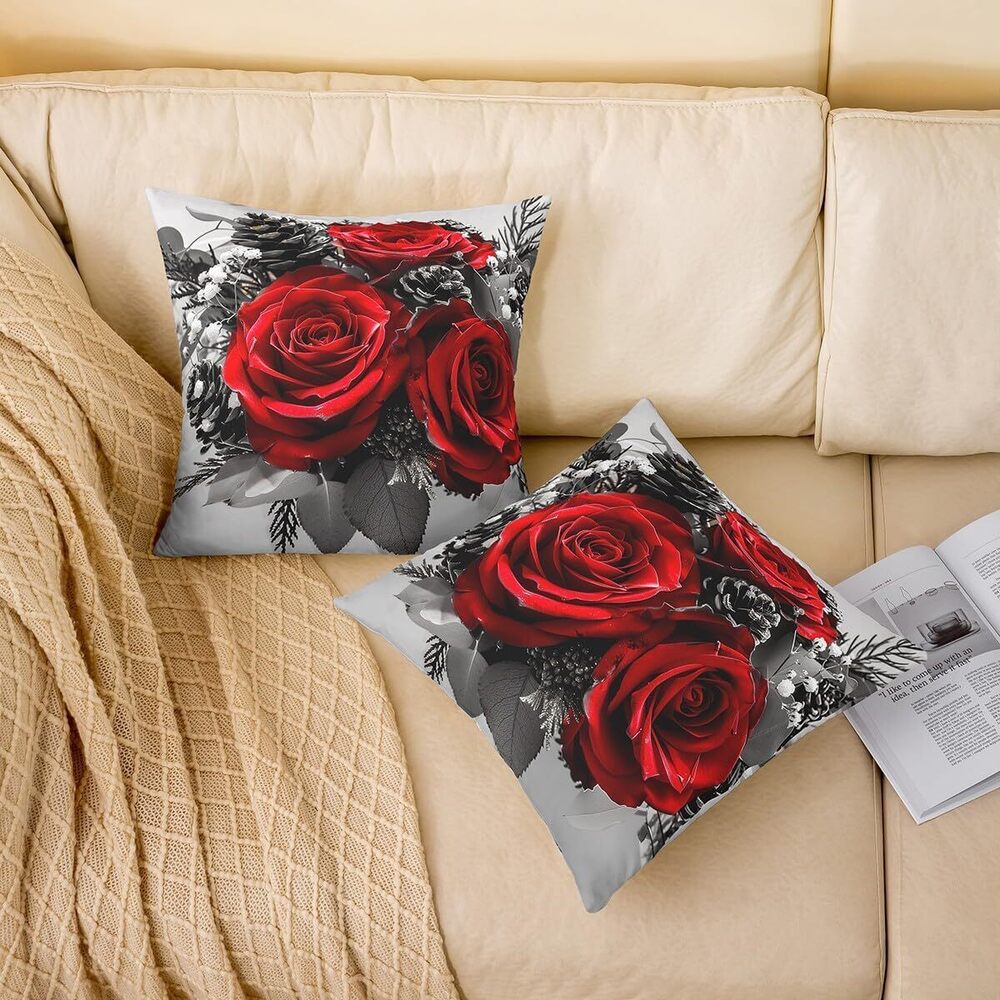 1280 Set of 2 Rose Floral Pillow Covers 18x18 Inch, Romantic Red Flowers - Picture 2 of 7